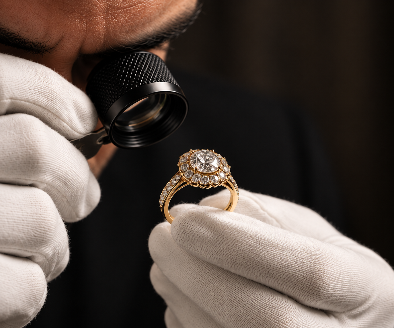 Joyero con lupa examinando un anillo de oro con diamante central