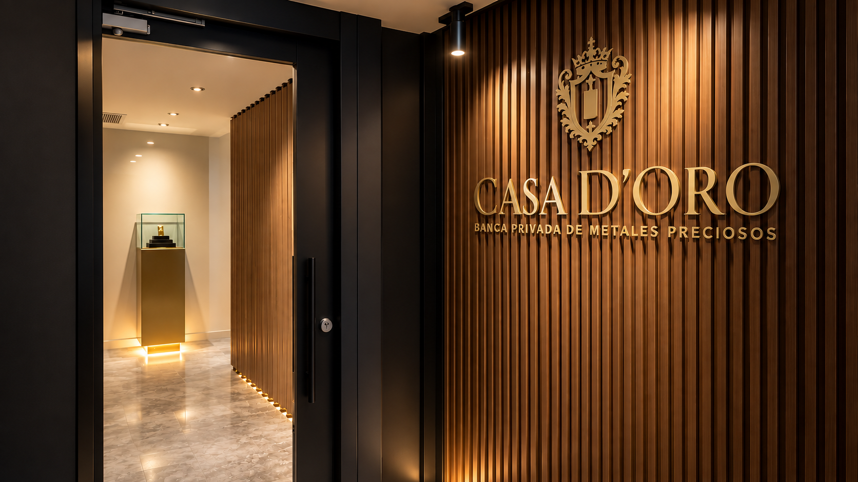 Entrada privada de Casa D'Oro con escudo dorado sobre paneles de nogal