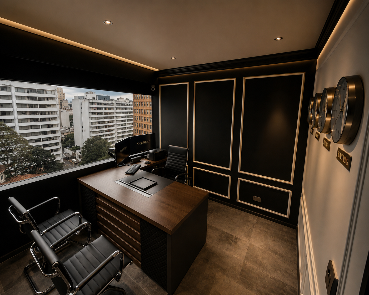 Oficina privada de Casa D'Oro con vista a la ciudad, paneles de nogal, escritorio y relojes de pared internacionales