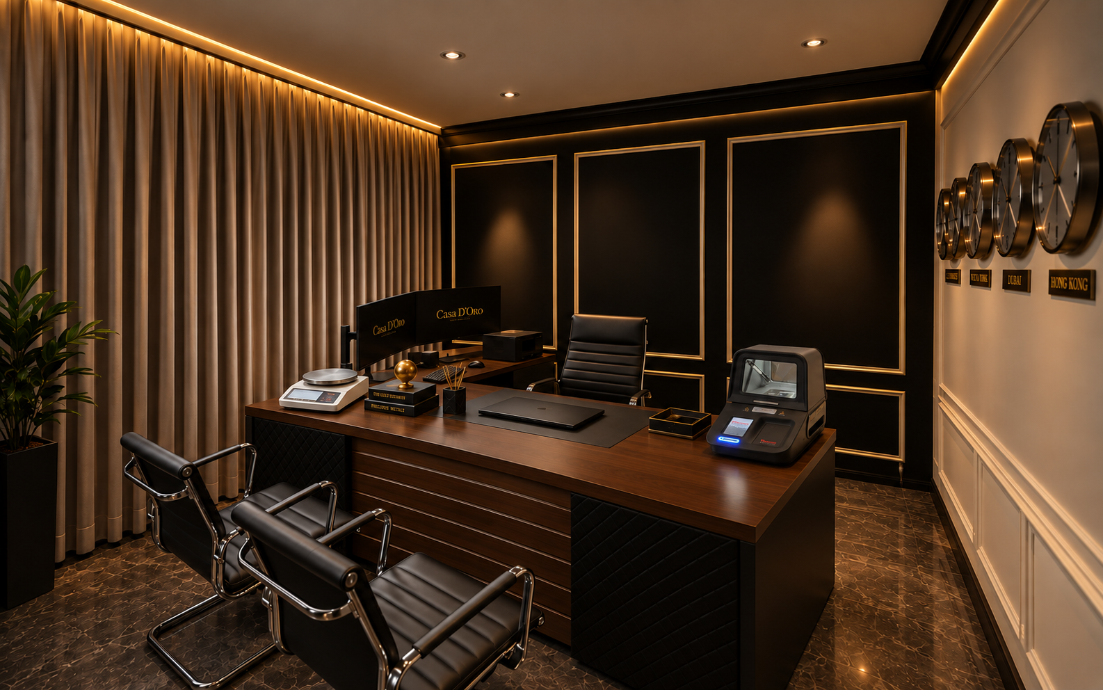 Oficina privada de Casa D'Oro con escritorio, sillas y detalles de lujo
