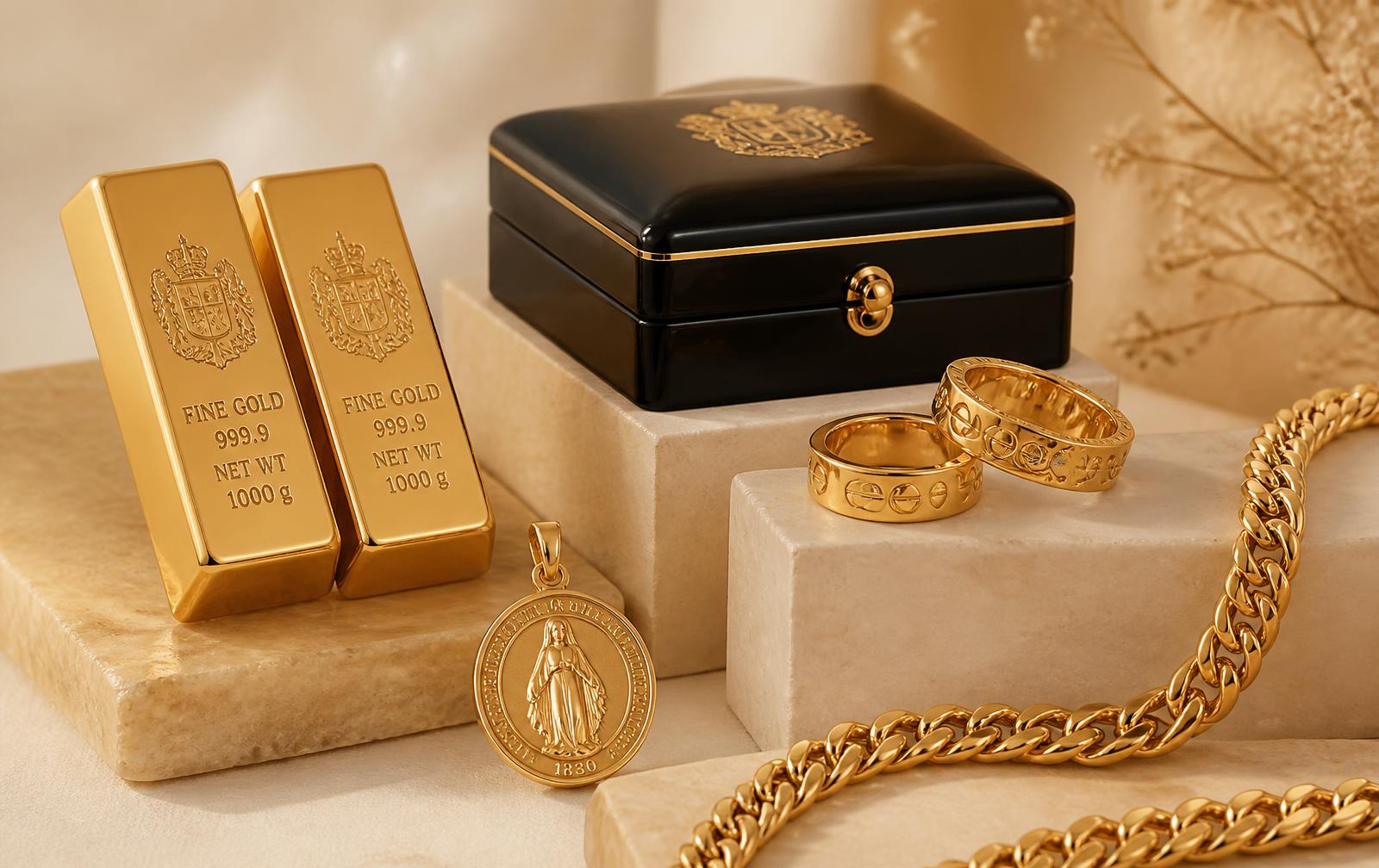 Composición de lingotes Casa D'Oro, estuche negro, anillos, medalla y cadena de oro sobre pedestales crema