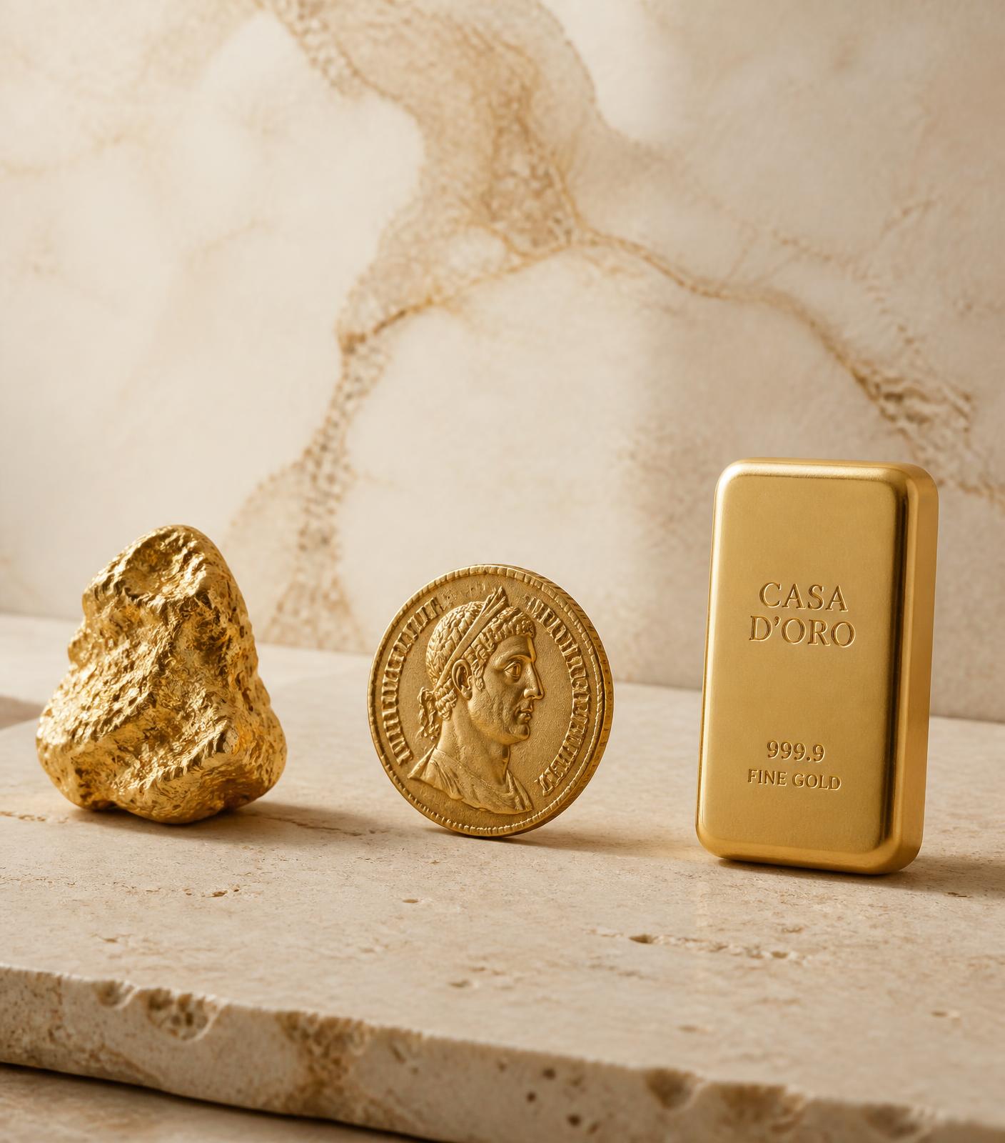 Pepita natural de oro, moneda de inspiración clásica y lingote Casa D'Oro 999.9 sobre piedra caliza clara
