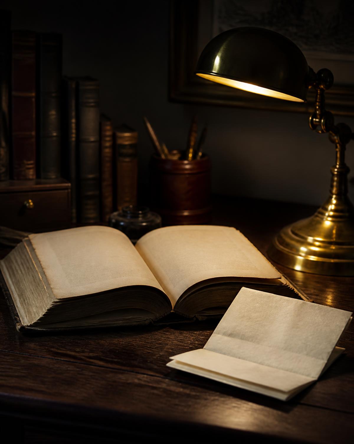 Libro antiguo abierto sobre un escritorio de nogal junto a una lámpara de latón